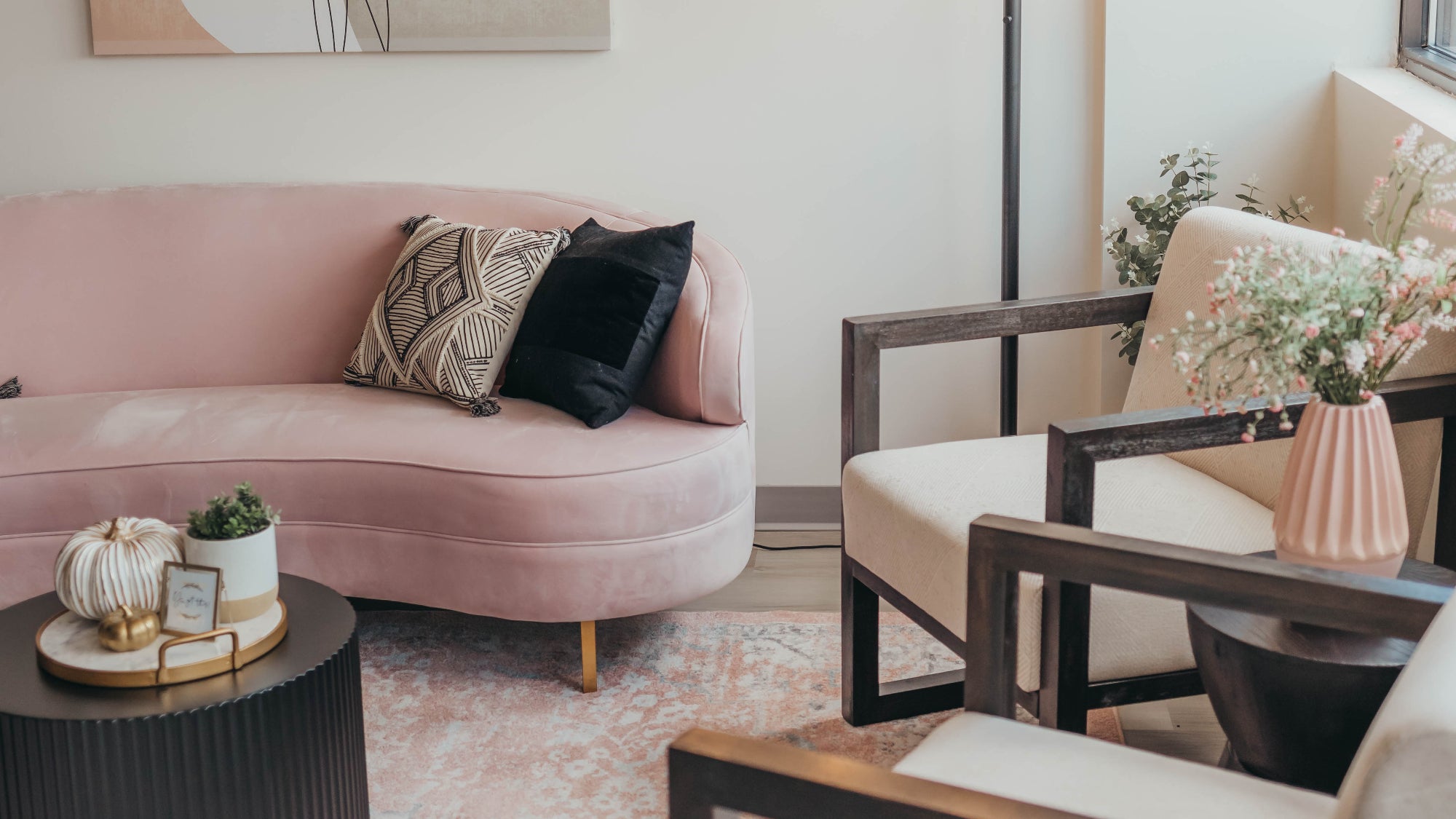 A pink and peach waiting room.