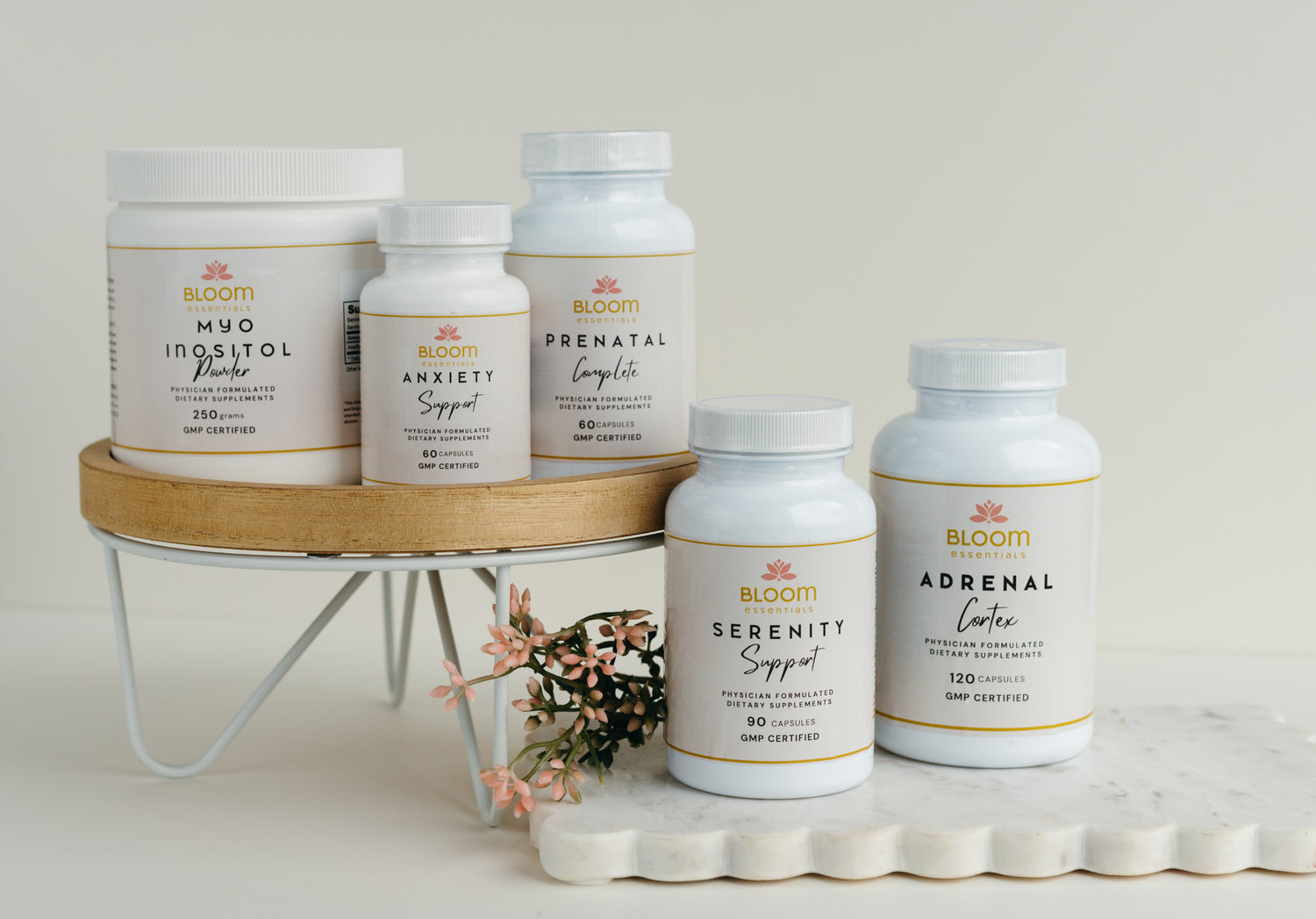 Five supplement bottles.