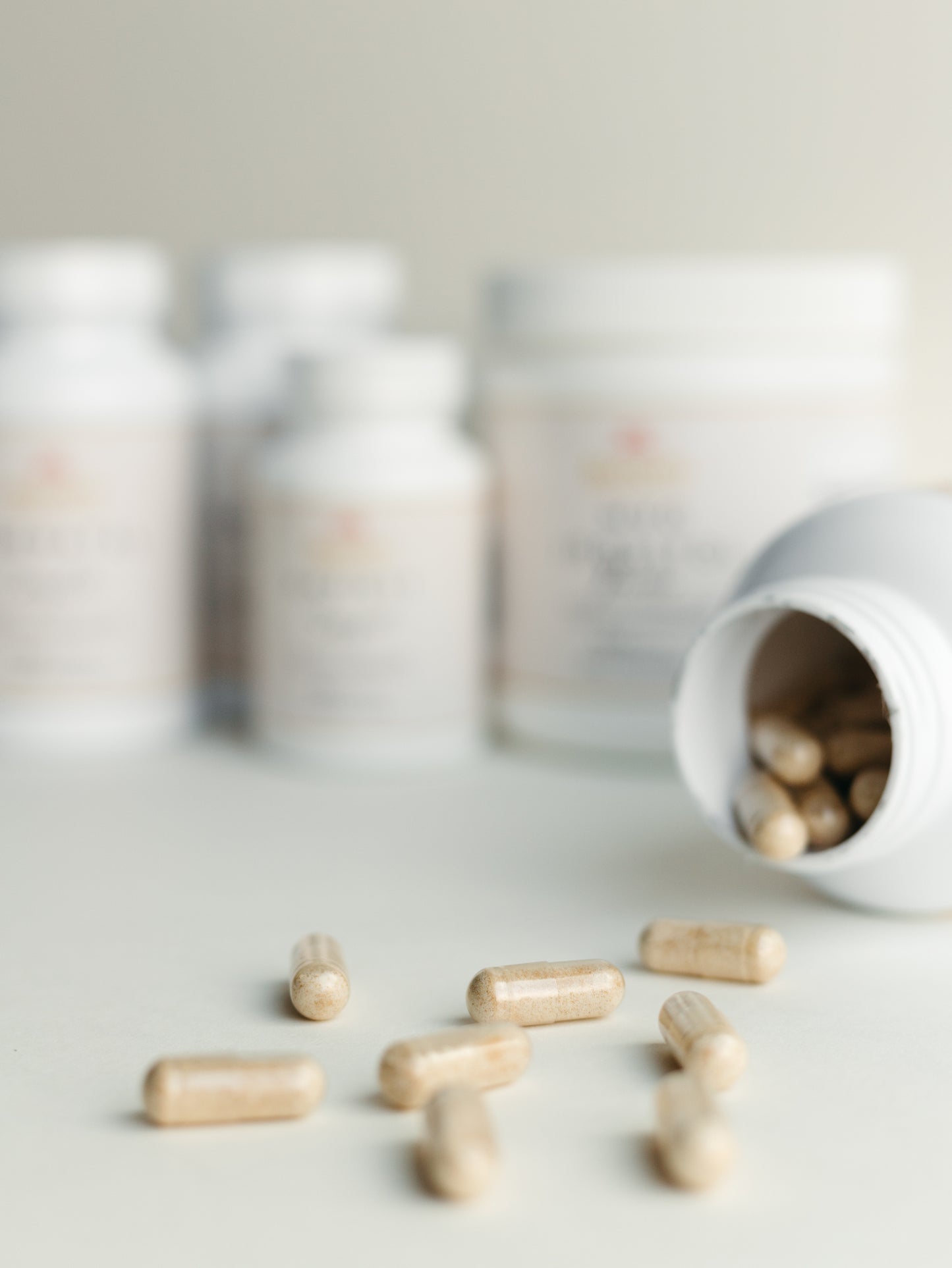 Pill tablets on a white table.